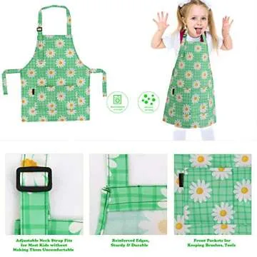 BeeGreen Kids Apron 2 Pack Cooking Aprons with Adjustable Strap Kids Kitchen Aprons with Front Pocket for Girls Toddler Painting Baking Artist Washable Lightweight (Green Daisy Flower+ Blue Flower)
