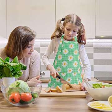 BeeGreen Kids Apron 2 Pack Cooking Aprons with Adjustable Strap Kids Kitchen Aprons with Front Pocket for Girls Toddler Painting Baking Artist Washable Lightweight (Green Daisy Flower+ Blue Flower)