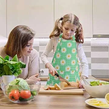 BeeGreen Kids Apron 2 Pack Cooking Aprons with Adjustable Strap Kids Kitchen Aprons with Front Pocket for Girls Toddler Painting Baking Artist Washable Lightweight (Green Daisy Flower+ Blue Flower)