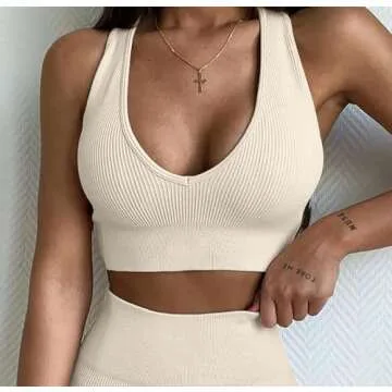 QCHENG Womens 4 Piece Outfits Ribbed Seamless Spaghetti Strap Sports Bra One Shoulder Tops High Waist Shorts Leggings Set