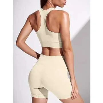 QCHENG Womens 4 Piece Outfits Ribbed Seamless Spaghetti Strap Sports Bra One Shoulder Tops High Waist Shorts Leggings Set