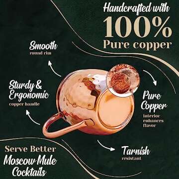 Kitchen Science Moscow Mule Copper Mugs Set of 6 (16oz) | Food Grade 100% Pure Copper Cups | Handcrafted w/Lacquered Hammered Finish, Smooth Rounded Lip, Ergonomic Handle (No Rivet) w/Solid Grip
