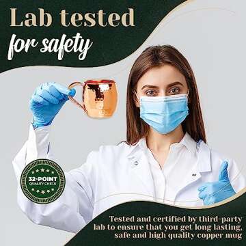 Kitchen Science Moscow Mule Copper Mugs Set of 6 (16oz) | Food Grade 100% Pure Copper Cups | Handcrafted w/Lacquered Hammered Finish, Smooth Rounded Lip, Ergonomic Handle (No Rivet) w/Solid Grip