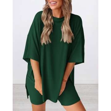 PRETTYGARDEN Women's Two Piece Lounge Set 2025 Summer Casual Oversized Shirts Biker Shorts Matching Airport Travel Outfit (Dark Green,X-Large)