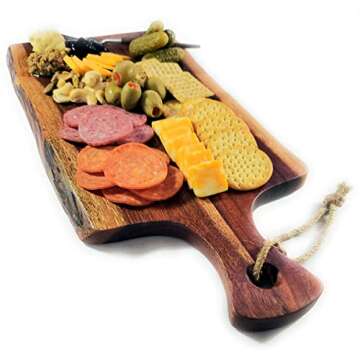Acacia Charcuterie Board with Natural Live Edge & Handle - Wood Cheese Board - Decorative Wooden Ser...