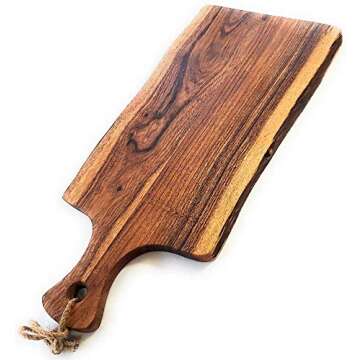Acacia Charcuterie Board with Natural Live Edge & Handle - Wood Cheese Board - Decorative Wooden Serving & Cutting Board - Housewarming, Mothers Day, New Home & Wedding Gifts (18” x 8”)