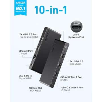 Anker 10-in-1 USB C Hub with 100W Power Delivery, Dual 4K HDMI, 4 USB-A/USB-C Ports, Ethernet, SD Ca...