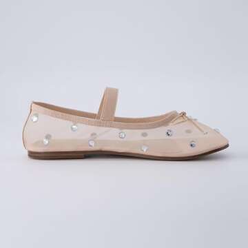 CUSHIONAIRE Women's Elegant Rhinestone mesh Bow Flat with +Memory Foam and Wide Widths Available, Nude Embellish 6