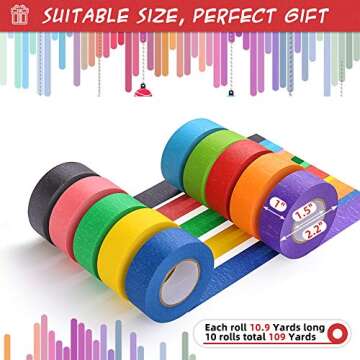Colored Masking Tape, Rainbow Colors Painters Tape Colorful Craft Art Paper Tape for Kids Labeling Arts Crafts DIY Decorative Coding Decoration Teaching Supplies, 10 Rolls, 1 Inch Wide x 10.9Yards