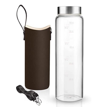 Sursip 32 oz Glass Water Bottle - Eco-Friendly with Carrying Sleeve and Timed Measurements