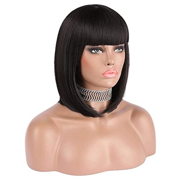 eNilecor Short Black Bob Wigs, 12" Straight with Flat Bangs Synthetic Colorful Cosplay Daily Party W...