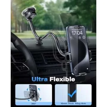 1Zero Solid Car Truck Phone Mount Holder with 14-Inch Gooseneck Long Arm, Windshield Window Mobile Holders w/Industrial-Strength Suction Cup, Anti-Shake Stabilizer Compatible All Cell Phones iPhone