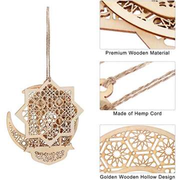 Willbond 12 Pcs Ramadan Wooden Ornaments Eid Mubarak Hanging Hollow Pendant Ramadan Party Wall Decorations Moon Star Lantern Shape Ornament for Muslim Islam Festive Home Table Decoration