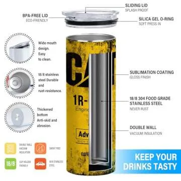 Unique Gifts For Men Alfaro Yellow CAT 1R 1807 Engine Oil Filter Skinny Tumbler with Lid, Stainless Steel Double Wall Cups, Insulated Travel Coffee Mug