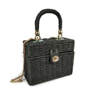 LCC ACBLI FEELOMA JIYALI Handwoven Rattan Vintage Purse Natural Chic Casual Handbag Beach Sea Tote Basket Straw Bag (Black)