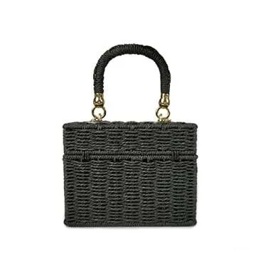 LCC ACBLI FEELOMA JIYALI Handwoven Rattan Vintage Purse Natural Chic Casual Handbag Beach Sea Tote Basket Straw Bag (Black)
