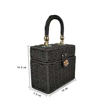 LCC ACBLI FEELOMA JIYALI Handwoven Rattan Vintage Purse Natural Chic Casual Handbag Beach Sea Tote Basket Straw Bag (Black)