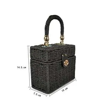 LCC ACBLI FEELOMA JIYALI Handwoven Rattan Vintage Purse Natural Chic Casual Handbag Beach Sea Tote Basket Straw Bag (Black)