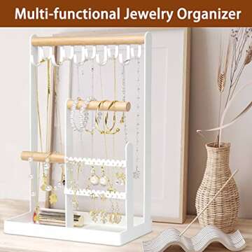 MetWoods Jewelry Holder Organizer with Earring Tray and 10 Hooks, 4 Tier Necklace Holder Display for Earrings Watches Bracelet Rings (White)
