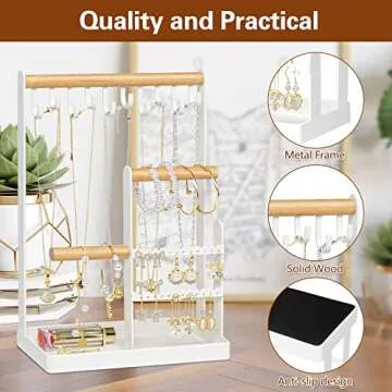 MetWoods Jewelry Holder Organizer with Earring Tray and 10 Hooks, 4 Tier Necklace Holder Display for Earrings Watches Bracelet Rings (White)