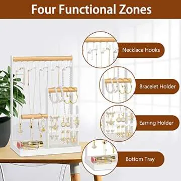 MetWoods Jewelry Holder Organizer with Earring Tray and 10 Hooks, 4 Tier Necklace Holder Display for Earrings Watches Bracelet Rings (White)