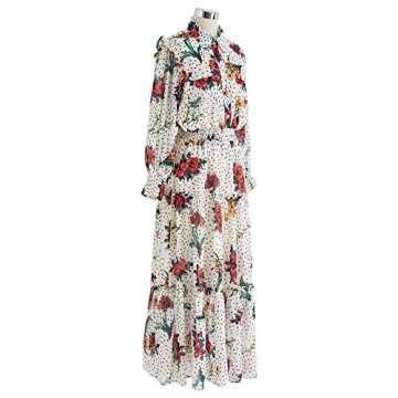 CHICWISH Women's Polka Dot Floral Printed Chiffon Maxi Dress