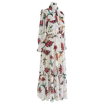 CHICWISH Women's Polka Dot Floral Printed Chiffon Maxi Dress