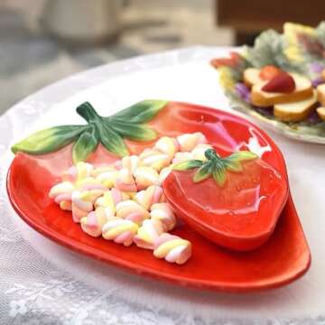 FORLONG Ceramic Red Strawberry Chip and Dip Serving Trays, Appetizers and Cheeses Serving Platter, Ideal for Snacks, Veggies, Fruit-11inches