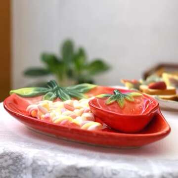 FORLONG Ceramic Red Strawberry Chip and Dip Serving Trays, Appetizers and Cheeses Serving Platter, Ideal for Snacks, Veggies, Fruit-11inches