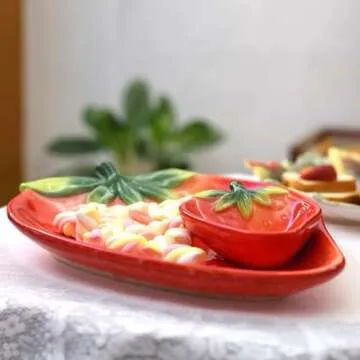 FORLONG Ceramic Red Strawberry Chip and Dip Serving Trays, Appetizers and Cheeses Serving Platter, Ideal for Snacks, Veggies, Fruit-11inches