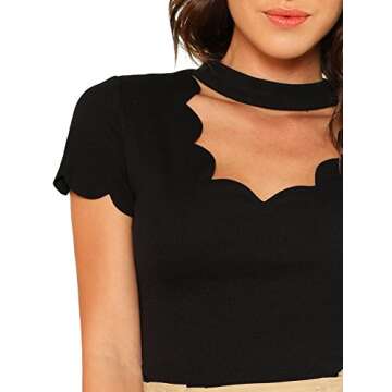 Stylish ROMWE Scalloped Cut Out V Neck Tee for Women