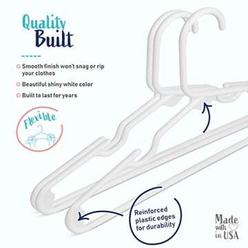 Hangorize USA Made Premium Children's Clothes Hangers - Youth Hangers - Very Durable Heavy Duty Tubular Kids Hangers Plastic - Baby Hangers for Closet, 60 Pack of Child Hangers (White)