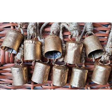 HIGHBIX 4cm Small Vintage Rustic Lucky Tin Metal Cow Bells Handmade Christmas Décor Bells on Jute Rope (10, Cylinder)