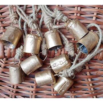 HIGHBIX 4cm Small Vintage Rustic Lucky Tin Metal Cow Bells Handmade Christmas Décor Bells on Jute Rope (10, Cylinder)