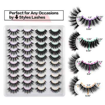 JIMIRE 20 Pairs False Eyelashes 4 Styles Mink Eyelashes Fluffy Pack 3D Volume Faux Mink Cat Eye Lashes Pack