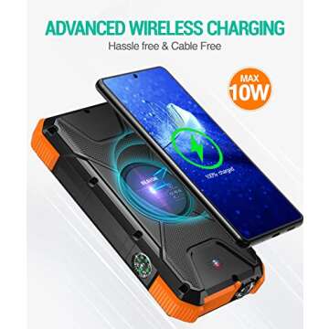 BLAVOR Solar Power Bank, PD18W QC3.0 Fast Charging 10W Wireless Charger 20000mAh Solar Powered Powerbank with Type C Input/Output, IPX5 Waterproof, Camping Flashlight, Compass, Carabiner