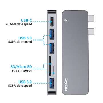 USB C Hub, 6 in 1 Type C Aluminum Hub Adapter MacBook Pro Accessories with 3 x USB 3.0 Ports, TF/SD Card Reader, USB C Port with 40Gb/S Speed, Support for MacBook Pro 13″ and 15″2016-2018