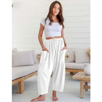 TARSE Womens Linen Wide Leg Pants Casual Loose Drawstring Low Waist Beach Palazzo Harem Pants with Pockets 2025(White,M)