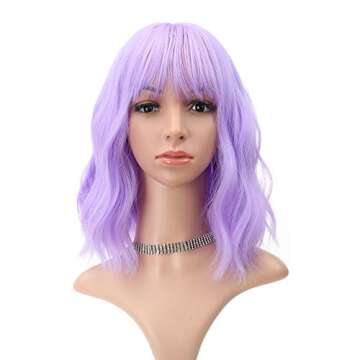 FAELBATY Wavy Wig Short Purple Wigs With Air Bangs Shoulder Length Wig For Women Curly Wavy Syntheti...