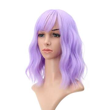 FAELBATY Wavy Wig Short Purple Wigs With Air Bangs Shoulder Length Wig For Women Curly Wavy Synthetic Halloween Cosplay Wig for Girl Costume Wigs (12" Purple Color)