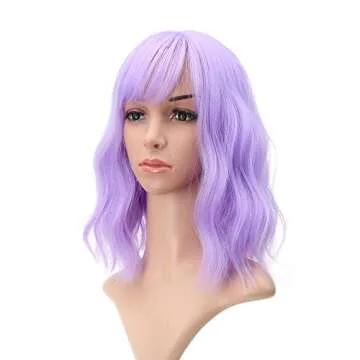 FAELBATY Wavy Wig Short Purple Wigs With Air Bangs Shoulder Length Wig For Women Curly Wavy Synthetic Halloween Cosplay Wig for Girl Costume Wigs (12" Purple Color)