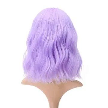 FAELBATY Wavy Wig Short Purple Wigs With Air Bangs Shoulder Length Wig For Women Curly Wavy Synthetic Halloween Cosplay Wig for Girl Costume Wigs (12" Purple Color)