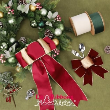 LaRibbons Velvet Wired Ribbon Red Gold 10 Yards 4 Inch