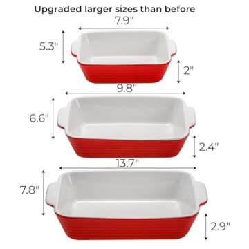 Hiceeden 3 Pack Ceramic Baking Dish Set, Square Porcelain Casserole Dish with Handle, Red, 13.7'' x 9.8'' x 7.9'', 9 in, Matte Finish, Oven & Dishwasher Safe