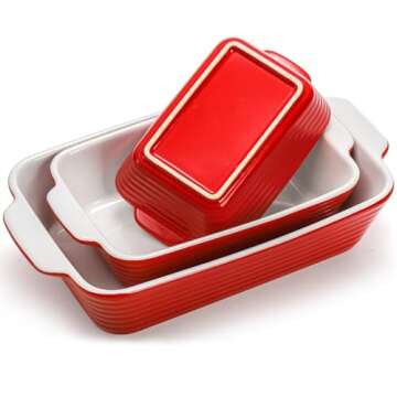 Hiceeden 3 Pack Ceramic Baking Dish Set, Square Porcelain Casserole Dish with Handle, Red, 13.7'' x 9.8'' x 7.9'', 9 in, Matte Finish, Oven & Dishwasher Safe
