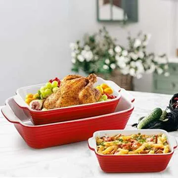 Hiceeden 3 Pack Ceramic Baking Dish Set, Square Porcelain Casserole Dish with Handle, Red, 13.7'' x 9.8'' x 7.9'', 9 in, Matte Finish, Oven & Dishwasher Safe