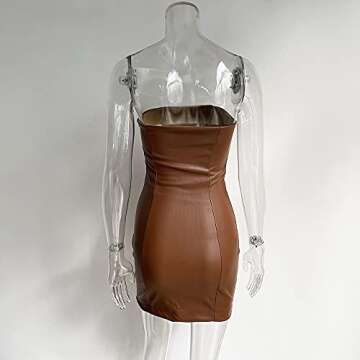 XLLAIS Women PU Leather Strapless Tube Mini Dress Sexy Bodycon Party Dresses Streetwear (Brown1, Medium)