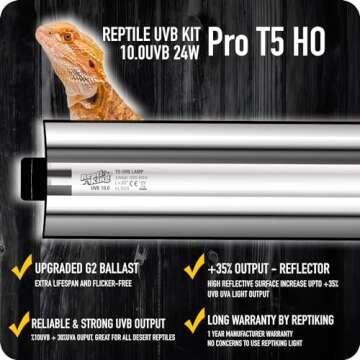 ReptiKing UVB Reptile Light, 24W T5 Light Fixture and 10.0 UVB Tube Kit, for Desert-Dwelling Reptile...