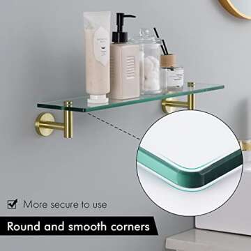 KES Bathroom Glass Shelf with 8 MM-Thick Tempered Glass and SUS 304 Stainless Steel Brushed Gold Brackets 20-Inch Rectangular Rustproof Storage Organizer Wall Mount, A2021-BZ