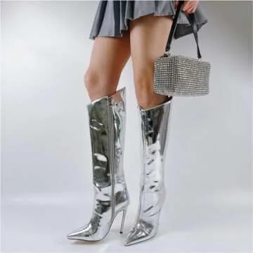 Ancomafio Silver Boots For Women, Knee High Metallic Boots Pointed Toe Tall Boots Stiletto Heels Boots Wide Calf Long Boots Chrome Boots Size 8